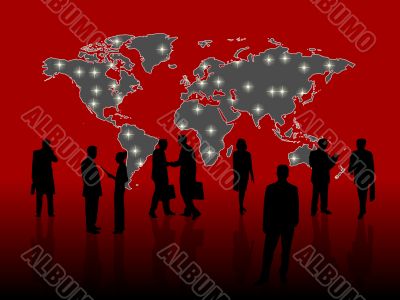 business people in front of a world map