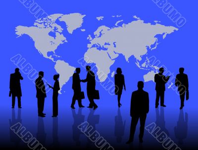 business people in front of a world map