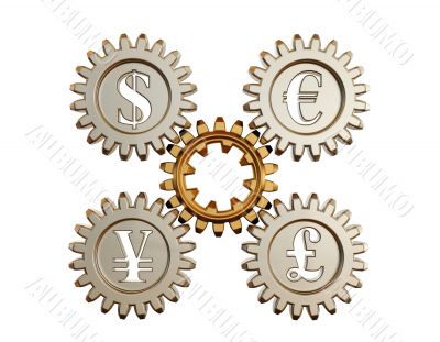 3D. Gear and currency symbols