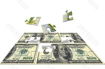 Euro and dollar puzzle, isolated on white background