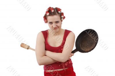 Angry woman with curlers in her hair.