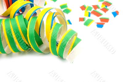 Colorful party streamers on white background