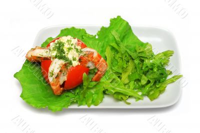 King prawns inside tomato with salad leafs