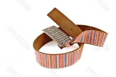 multicoloured leather belt with big steel buckle