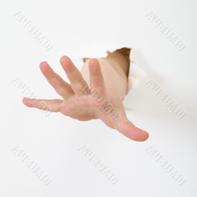 Child`s hand stick out from hole