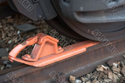 Brake shoe in front of freight car
