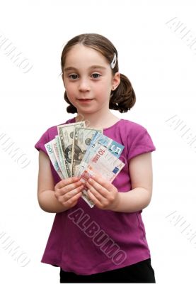 Smiling little girl holds banknotes isolated