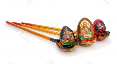 Easter eggs in Russian wooden painted spoons