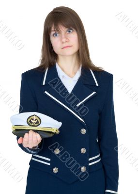 Girl in a sea uniform on white