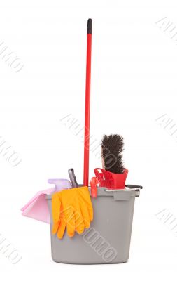 bucket with cleaning supplies