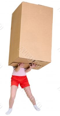 Girl holding very heavy brown cardboard box
