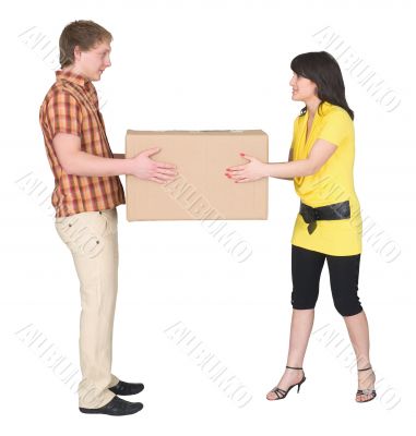 Guy and the girl divide big box