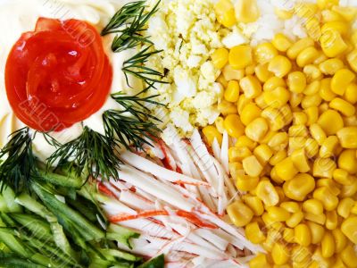 salad with sweet corn, cucumber and crab meat