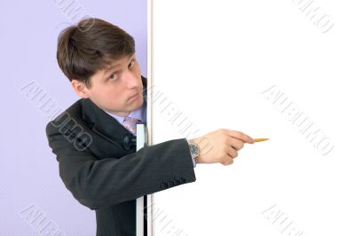 Man show in an blank white board Man show in an blank white board