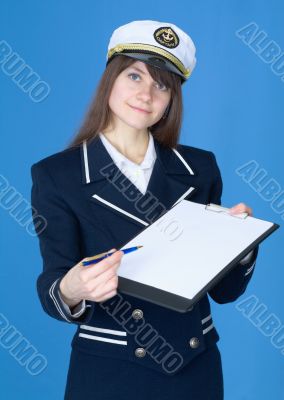 Woman in sea uniform with tablet