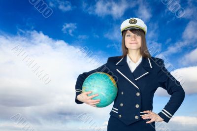 Girl in sea uniform and globe