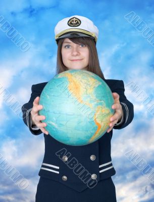 Girl in sea uniform and globe