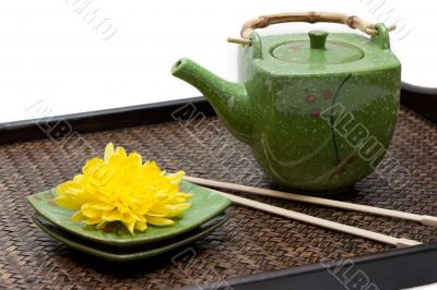 Bamboo tray, green ceramic teapot