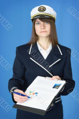 Girl in sea uniform with tablet