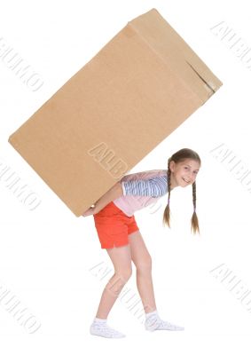 Girl bears the big heavy cardboard box