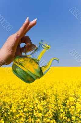 Rape oil, bottle, blossoming rape field