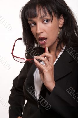 Woman holding eyeglasses Woman holding eyeglasses