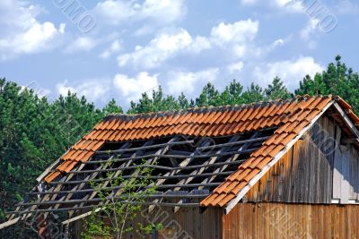 Old demolished tiled roof