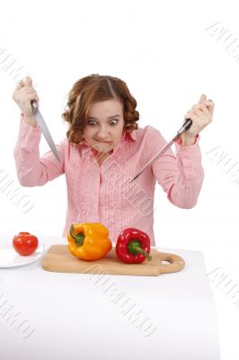 Woman wants to eat sweet peppers.