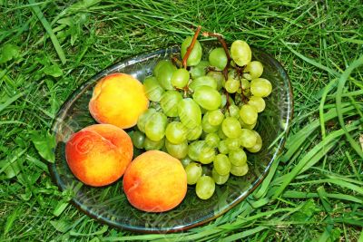 Peach and green grapes in grass