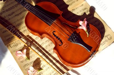 Old violin, fiddle-stick and music sheet Old violin, fiddle-stick and music sheet