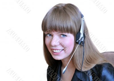  	Girl operator with headset over white.