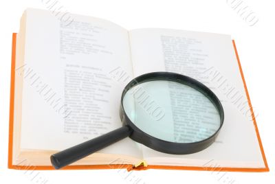 Open book and magnifier on a white background Open book and magnifier on a white background