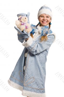 Smiling snow maiden with bear toy Smiling snow maiden with bear toy