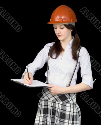 Young woman in a helmet with a tablet Young woman in a helmet with a tablet