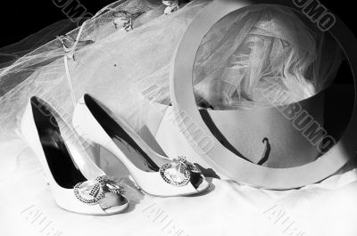 Wedding shoes, veil and box