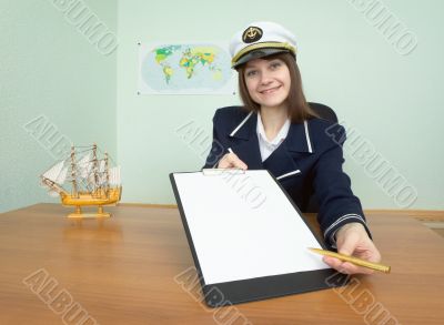 Girl in a sea uniform at office with tablet