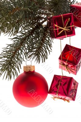 Red Christmas ball with fir branch Red Christmas ball with fir branch