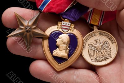 Man Holding Purple Heart, Bronze and National Defense War Medals