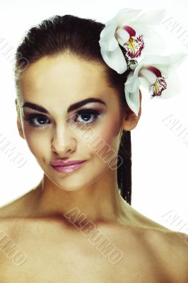 woman with bright white flowers woman with bright white flowers