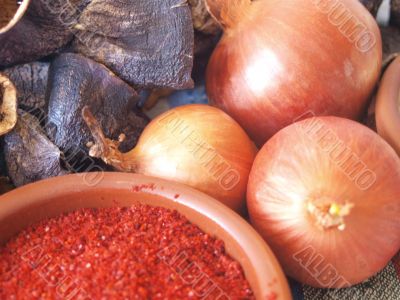Onions, red pepper, eggplant