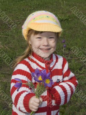 happy girl is reaching out bunch of flowers