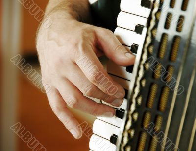 Musician hand playing accordion