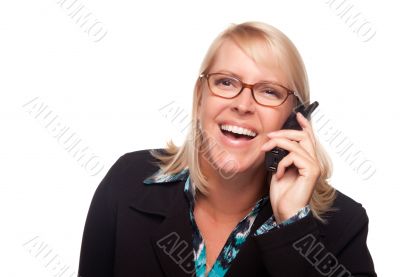 Attractive Blonde Woman Using Phone Laughing