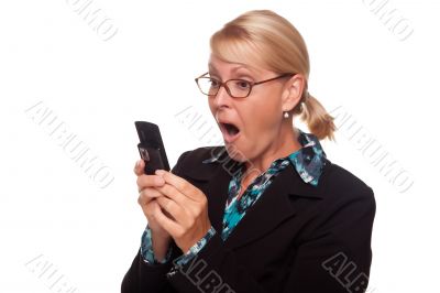Shocked Blonde Woman Using Cell Phone