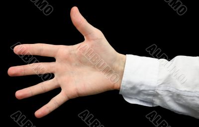 Hand with a white sleeve on black Hand with a white sleeve on black