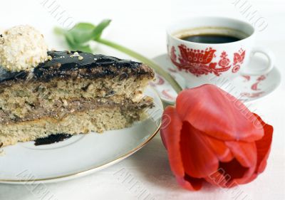 Piece of chocolate cake close up