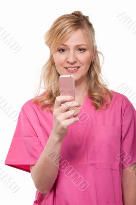 Nurse with pink cell phone