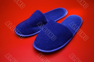 Blue slippers on red background