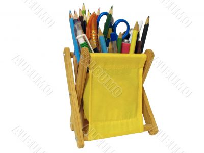 canvas office supply with pen, pencils and scrissors isolated