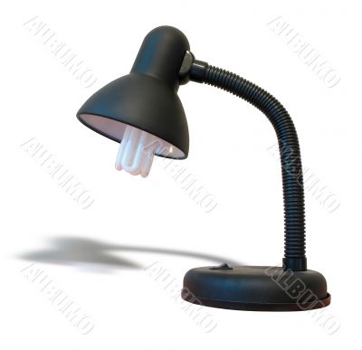 Black desk lamp with shadow over white background